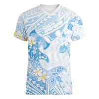 Polynesia Hammerhead Shark Women V-Neck T-Shirt Tropical Flowers Tribal Pattern Blue LT05 Female Blue - Polynesian Pride
