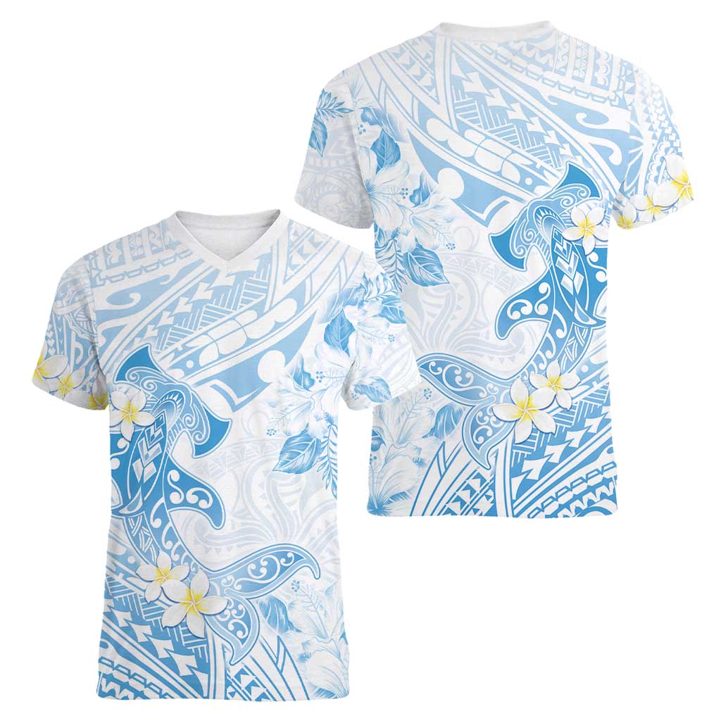 Polynesia Hammerhead Shark Women V-Neck T-Shirt Tropical Flowers Tribal Pattern Blue LT05 - Polynesian Pride