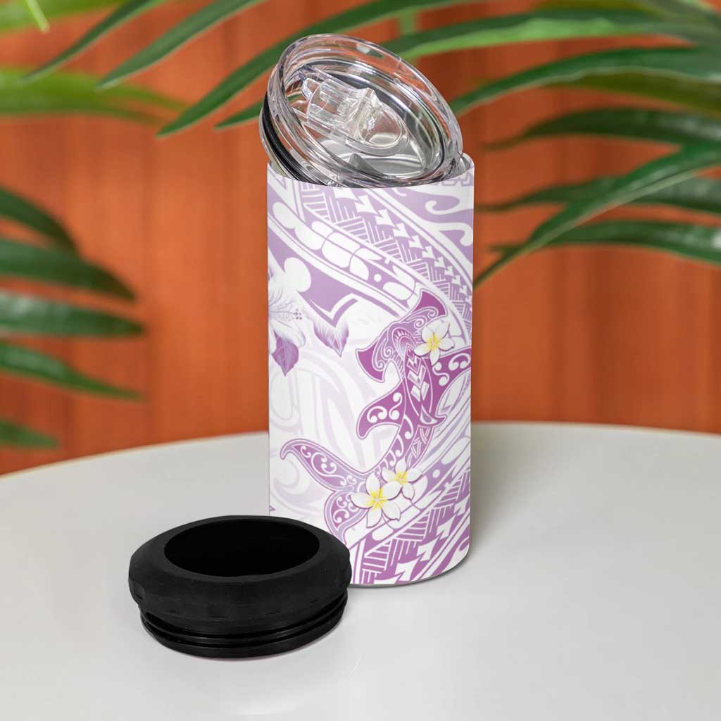 Polynesia Hammerhead Shark 4 in 1 Can Cooler Tumbler Tropical Flowers Tribal Pattern Lavender