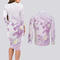 Polynesia Hammerhead Shark Couples Matching Long Sleeve Bodycon Dress and Long Sleeve Button Shirt Tropical Flowers Tribal Pattern Lavender