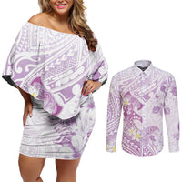 Polynesia Hammerhead Shark Couples Matching Off Shoulder Short Dress and Long Sleeve Button Shirt Tropical Flowers Tribal Pattern Lavender