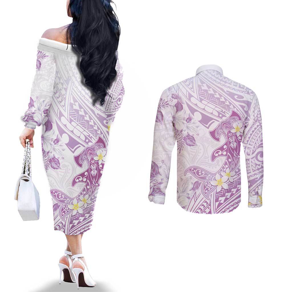 Polynesia Hammerhead Shark Couples Matching Off The Shoulder Long Sleeve Dress and Long Sleeve Button Shirt Tropical Flowers Tribal Pattern Lavender