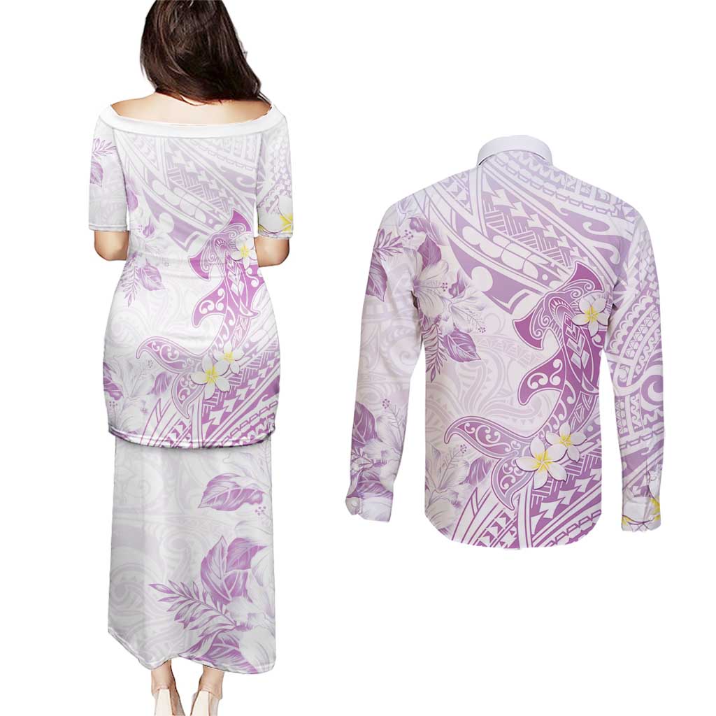 Polynesia Hammerhead Shark Couples Matching Puletasi and Long Sleeve Button Shirt Tropical Flowers Tribal Pattern Lavender