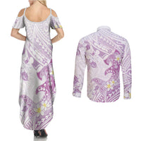 Polynesia Hammerhead Shark Couples Matching Summer Maxi Dress and Long Sleeve Button Shirt Tropical Flowers Tribal Pattern Lavender