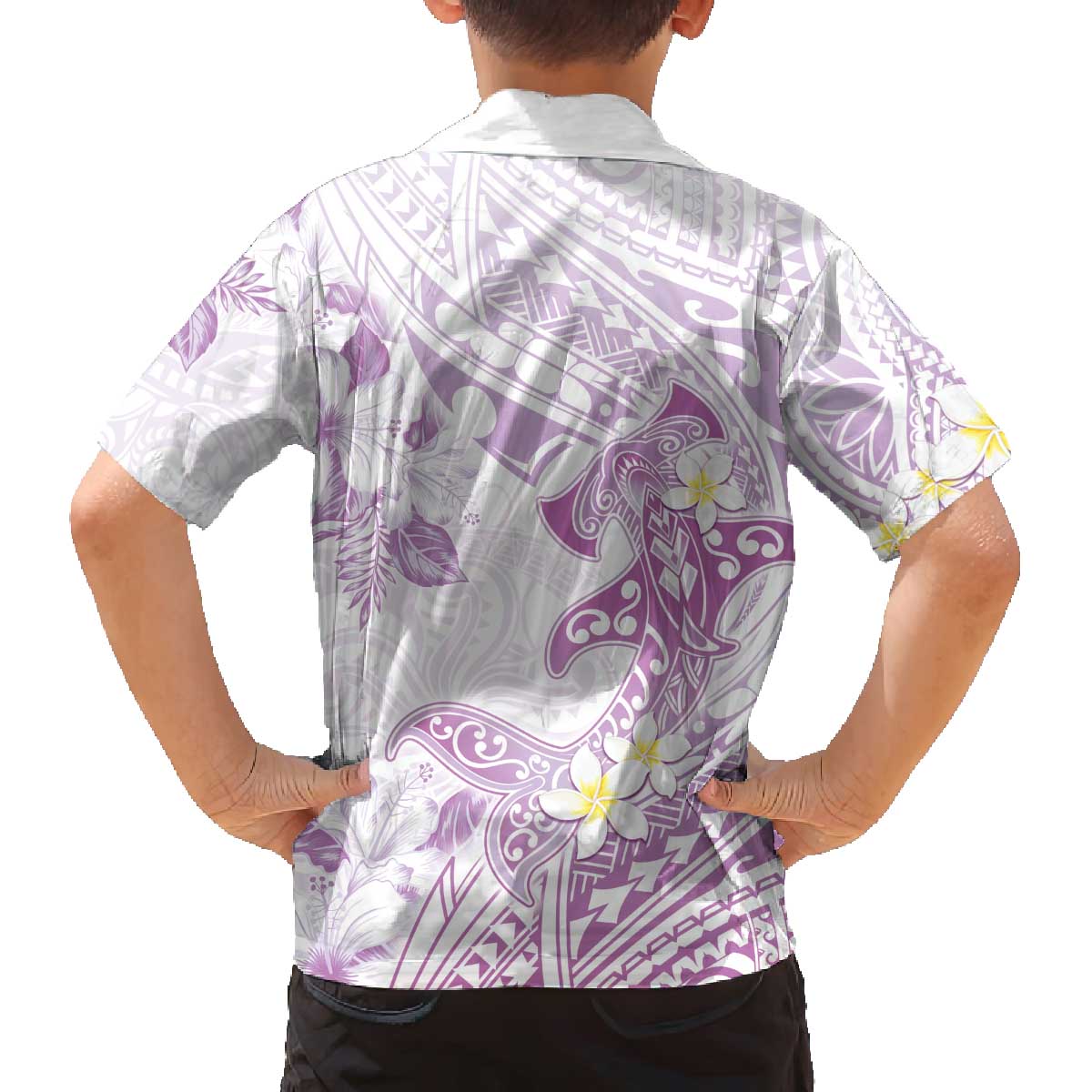 Polynesia Hammerhead Shark Family Matching Off The Shoulder Long Sleeve Dress and Hawaiian Shirt Tropical Flowers Tribal Pattern Lavender