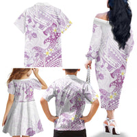 Polynesia Hammerhead Shark Family Matching Off The Shoulder Long Sleeve Dress and Hawaiian Shirt Tropical Flowers Tribal Pattern Lavender
