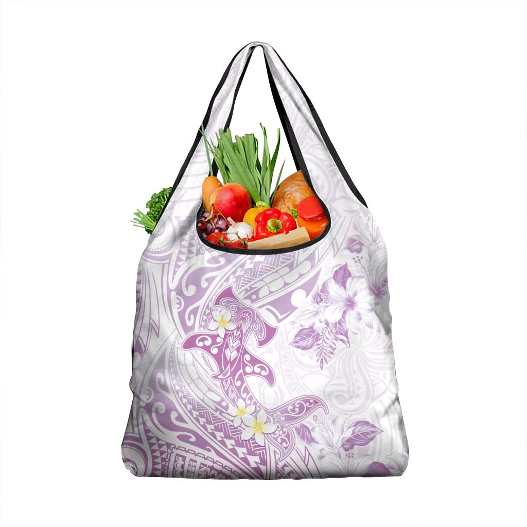 Polynesia Hammerhead Shark Grocery Bag Tropical Flowers Tribal Pattern Lavender