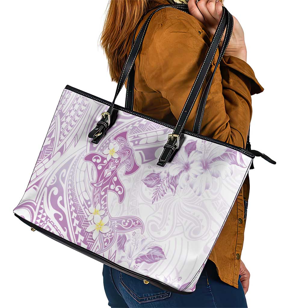 Polynesia Hammerhead Shark Leather Tote Bag Tropical Flowers Tribal Pattern Lavender