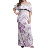 Polynesia Hammerhead Shark Off Shoulder Maxi Dress Tropical Flowers Tribal Pattern Lavender
