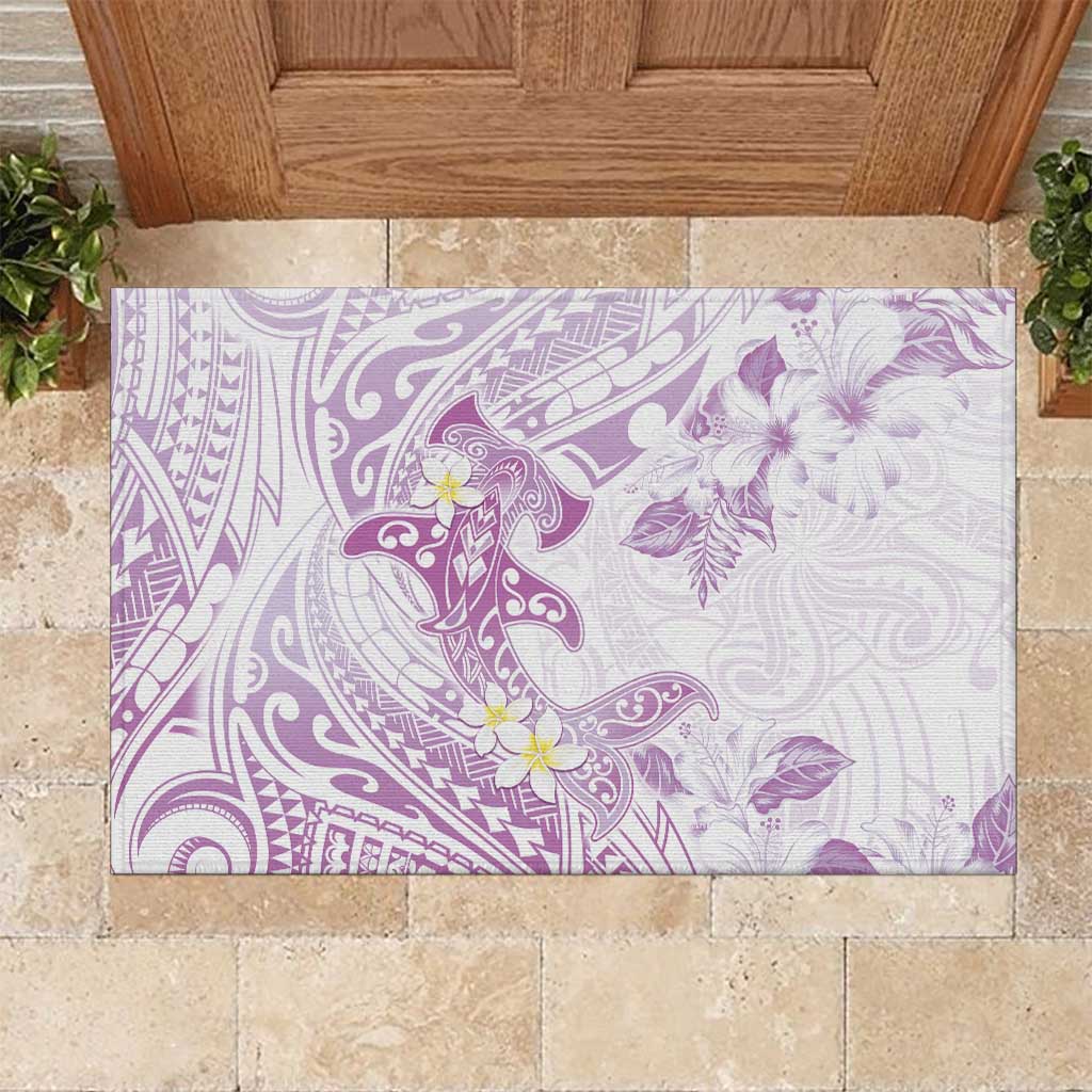 Polynesia Hammerhead Shark Rubber Doormat Tropical Flowers Tribal Pattern Lavender