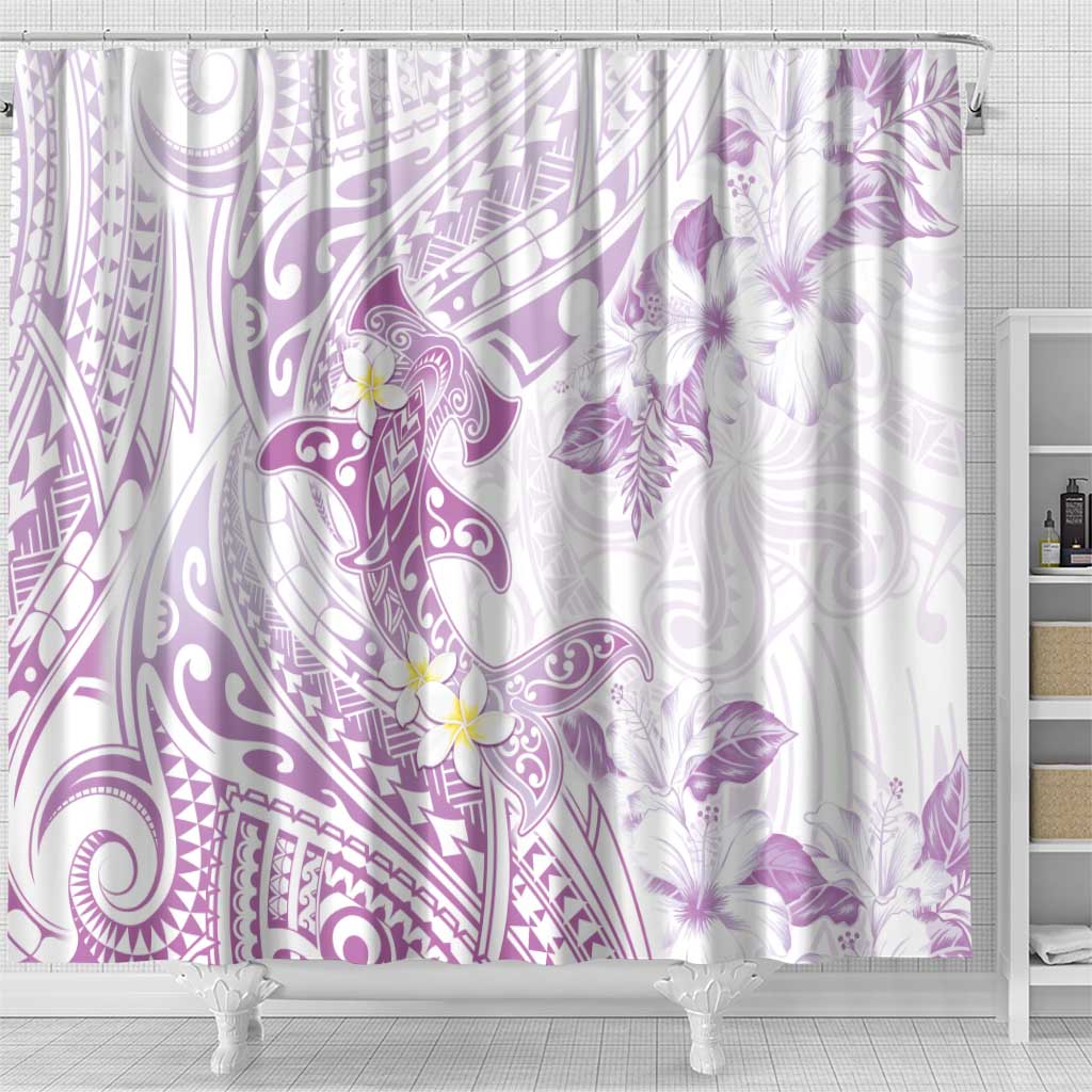 Polynesia Hammerhead Shark Shower Curtain Tropical Flowers Tribal Pattern Lavender