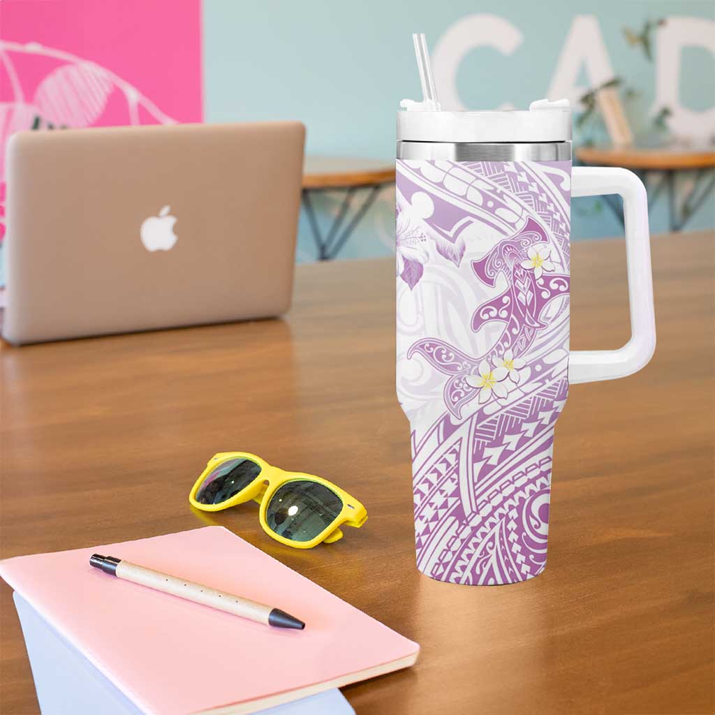 Polynesia Hammerhead Shark Tumbler With Handle Tropical Flowers Tribal Pattern Lavender