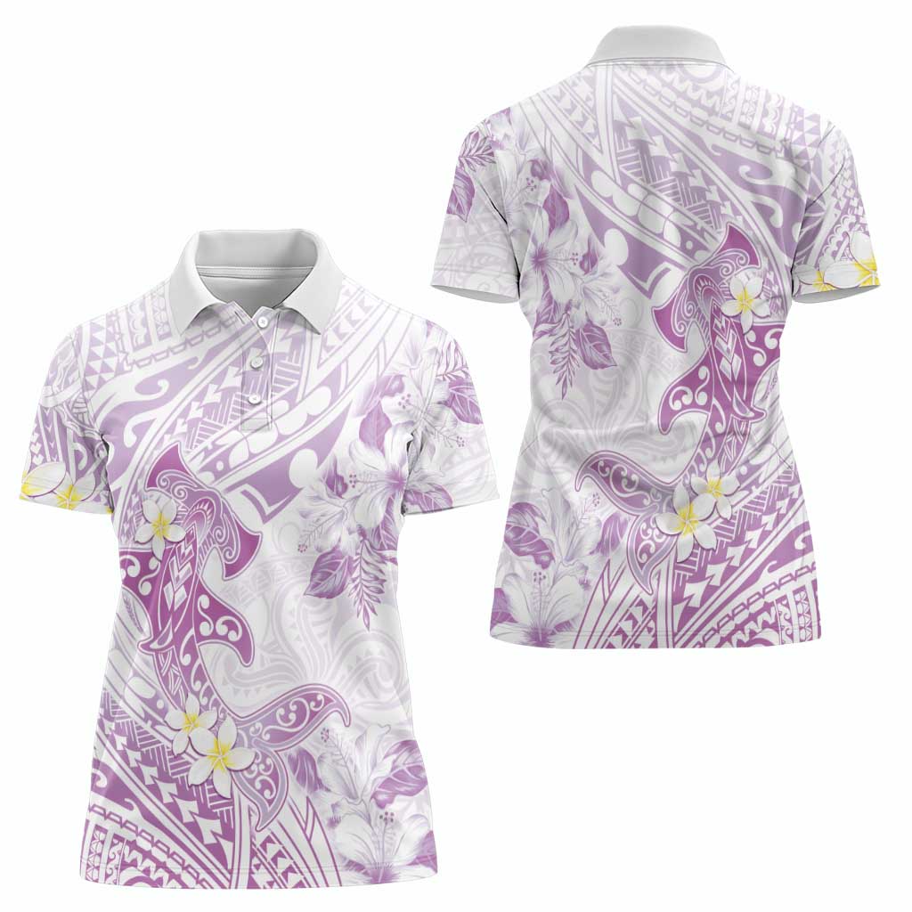 Polynesia Hammerhead Shark Women Polo Shirt Tropical Flowers Tribal Pattern Lavender LT05 - Polynesian Pride