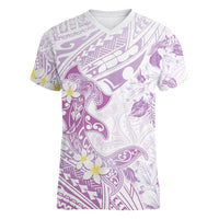 Polynesia Hammerhead Shark Women V-Neck T-Shirt Tropical Flowers Tribal Pattern Lavender LT05 Female Purple - Polynesian Pride