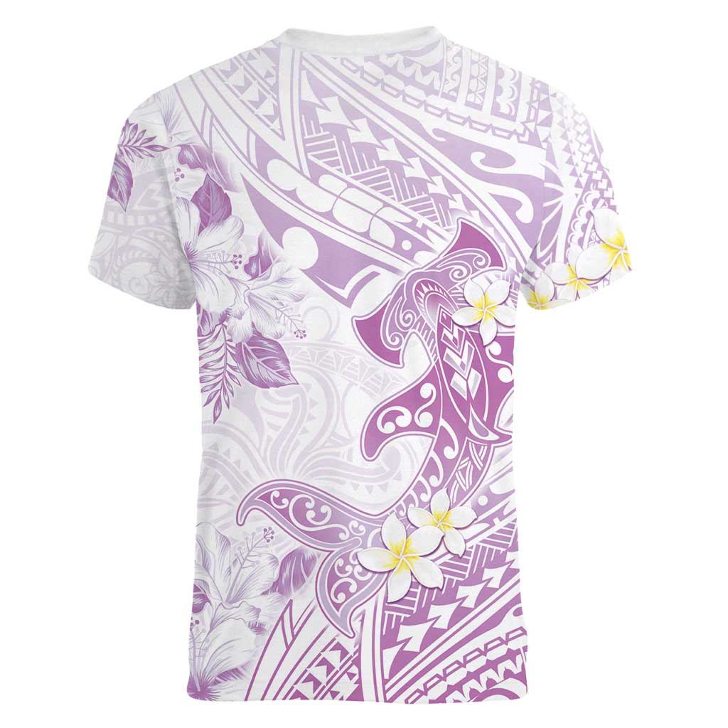Polynesia Hammerhead Shark Women V-Neck T-Shirt Tropical Flowers Tribal Pattern Lavender LT05 - Polynesian Pride
