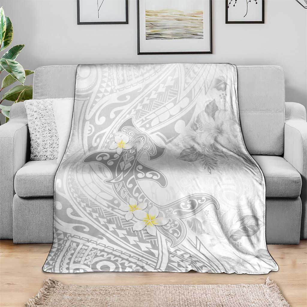 Polynesia Hammerhead Shark Blanket Tropical Flowers Tribal Pattern White