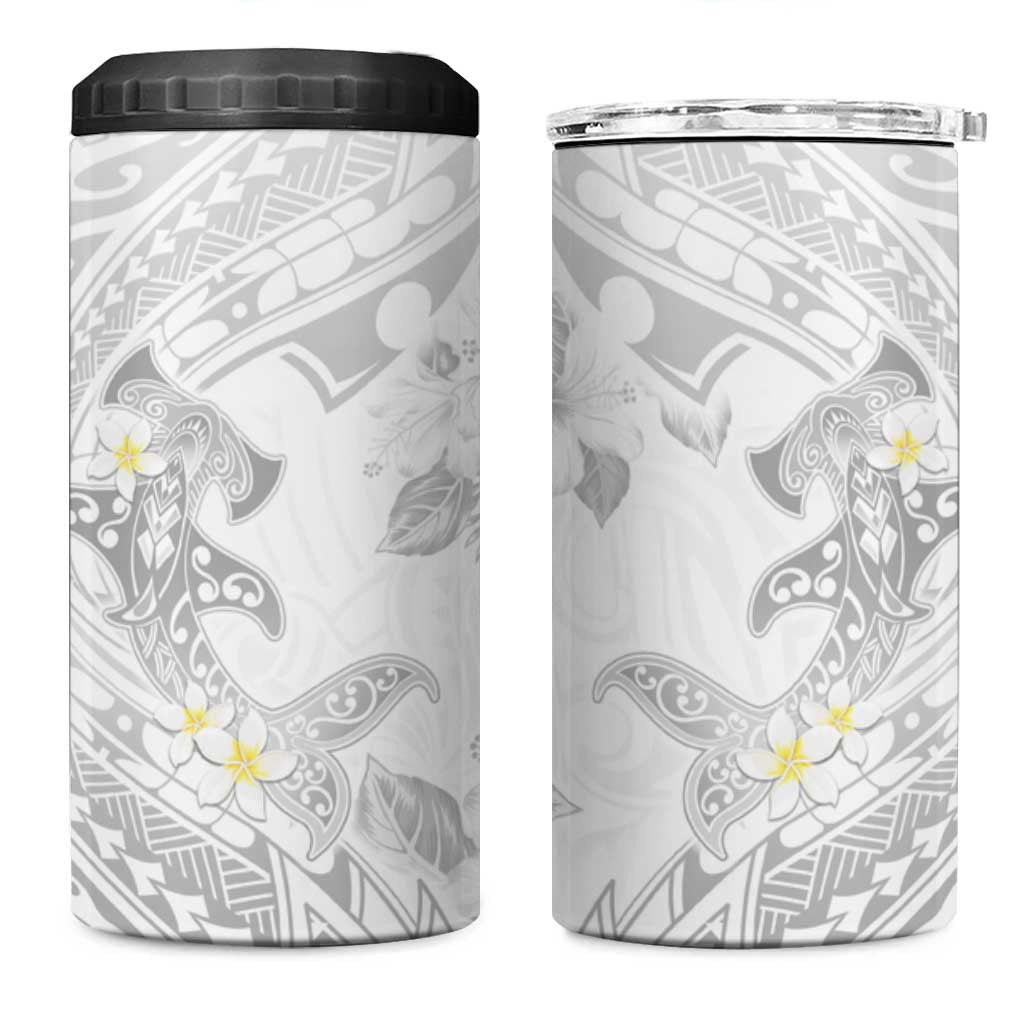 Polynesia Hammerhead Shark 4 in 1 Can Cooler Tumbler Tropical Flowers Tribal Pattern White