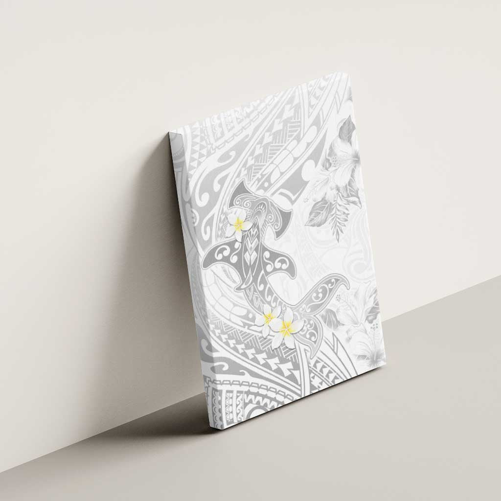 Polynesia Hammerhead Shark Canvas Wall Art Tropical Flowers Tribal Pattern White