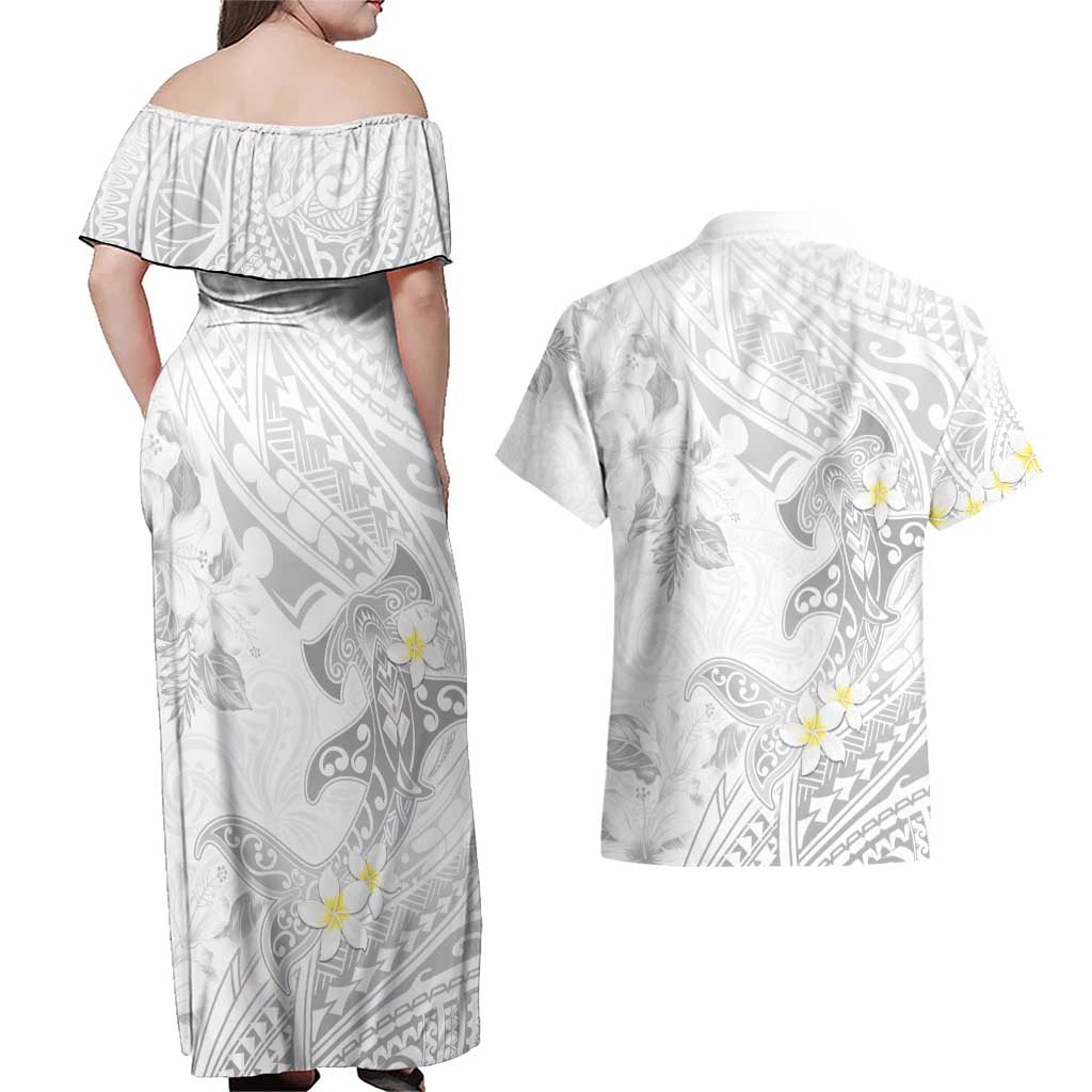 Polynesia Hammerhead Shark Couples Matching Off Shoulder Maxi Dress and Hawaiian Shirt Tropical Flowers Tribal Pattern White