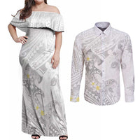Polynesia Hammerhead Shark Couples Matching Off Shoulder Maxi Dress and Long Sleeve Button Shirt Tropical Flowers Tribal Pattern White