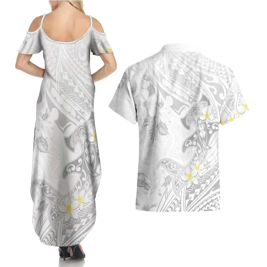 Polynesia Hammerhead Shark Couples Matching Summer Maxi Dress and Hawaiian Shirt Tropical Flowers Tribal Pattern White