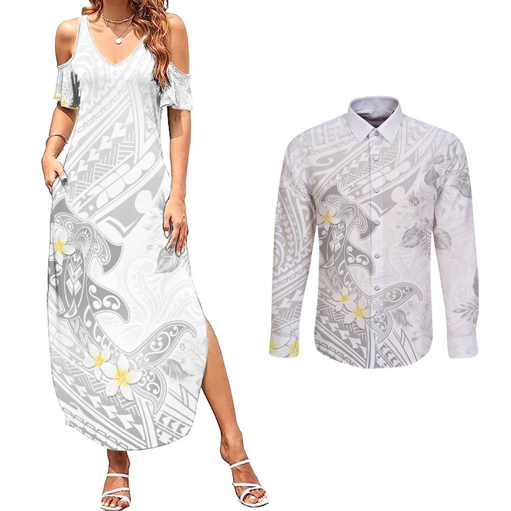 Polynesia Hammerhead Shark Couples Matching Summer Maxi Dress and Long Sleeve Button Shirt Tropical Flowers Tribal Pattern White