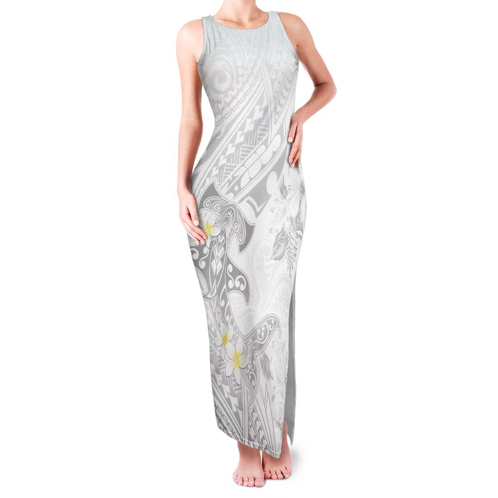 Polynesia Hammerhead Shark Family Matching Tank Maxi Dress and Hawaiian Shirt Tropical Flowers Tribal Pattern White