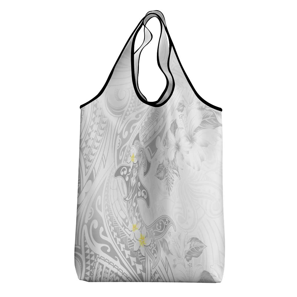 Polynesia Hammerhead Shark Grocery Bag Tropical Flowers Tribal Pattern White