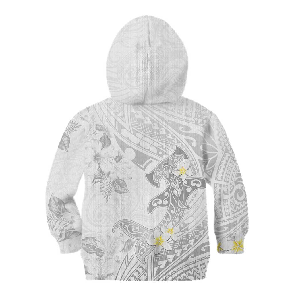 Polynesia Hammerhead Shark Kid Hoodie Tropical Flowers Tribal Pattern White