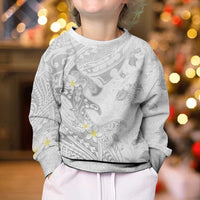 Polynesia Hammerhead Shark Kid Ugly Christmas Sweater Tropical Flowers Tribal Pattern White