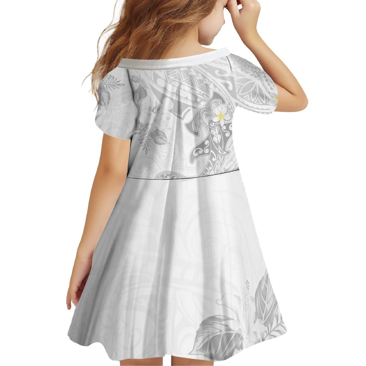 Polynesia Hammerhead Shark Kid Short Sleeve Dress Tropical Flowers Tribal Pattern White