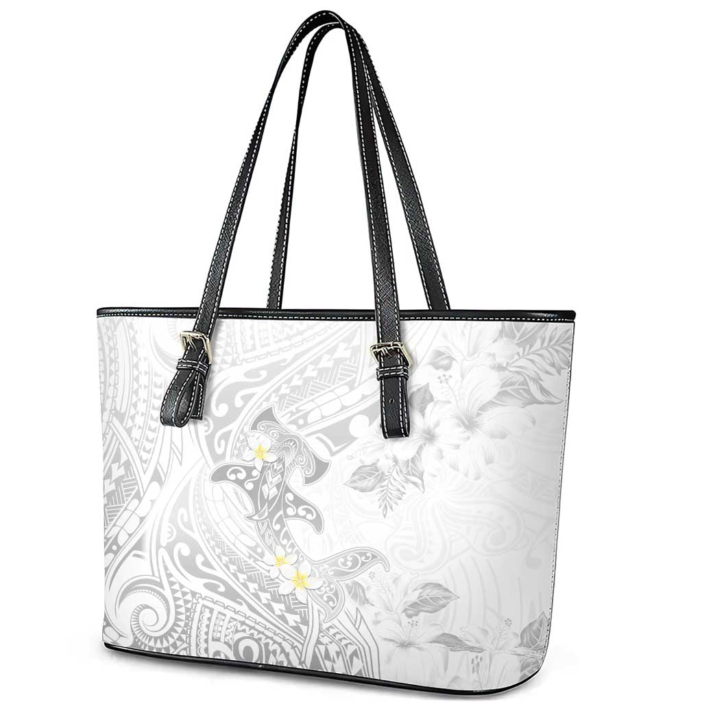 Polynesia Hammerhead Shark Leather Tote Bag Tropical Flowers Tribal Pattern White