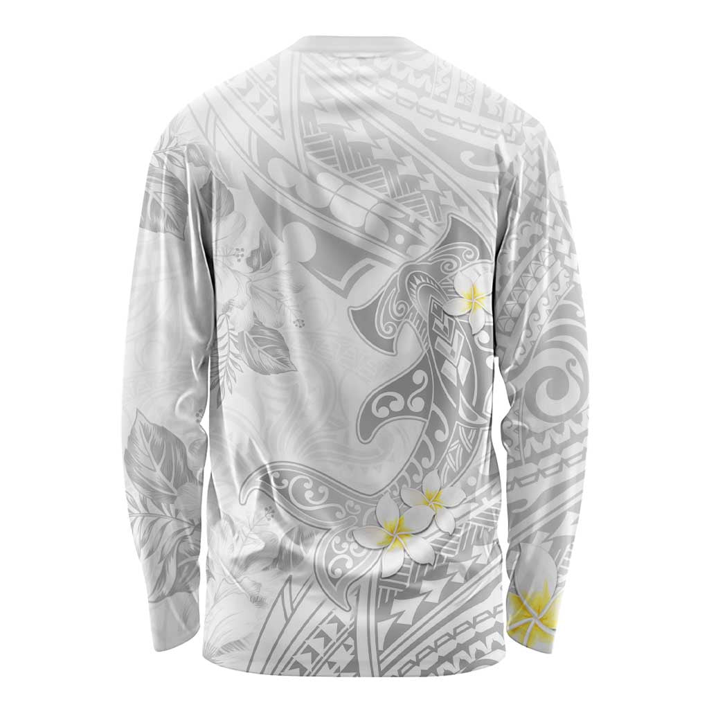 Polynesia Hammerhead Shark Long Sleeve Shirt Tropical Flowers Tribal Pattern White