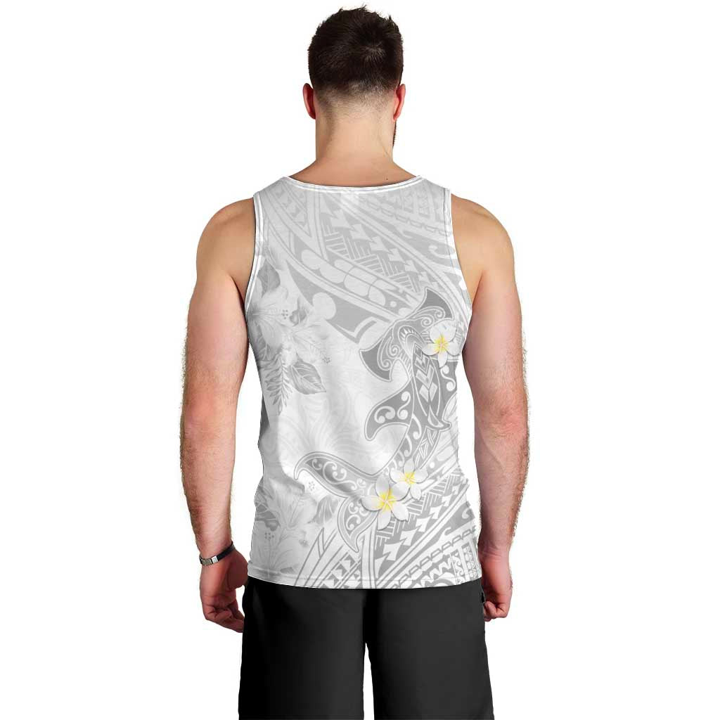 Polynesia Hammerhead Shark Men Tank Top Tropical Flowers Tribal Pattern White
