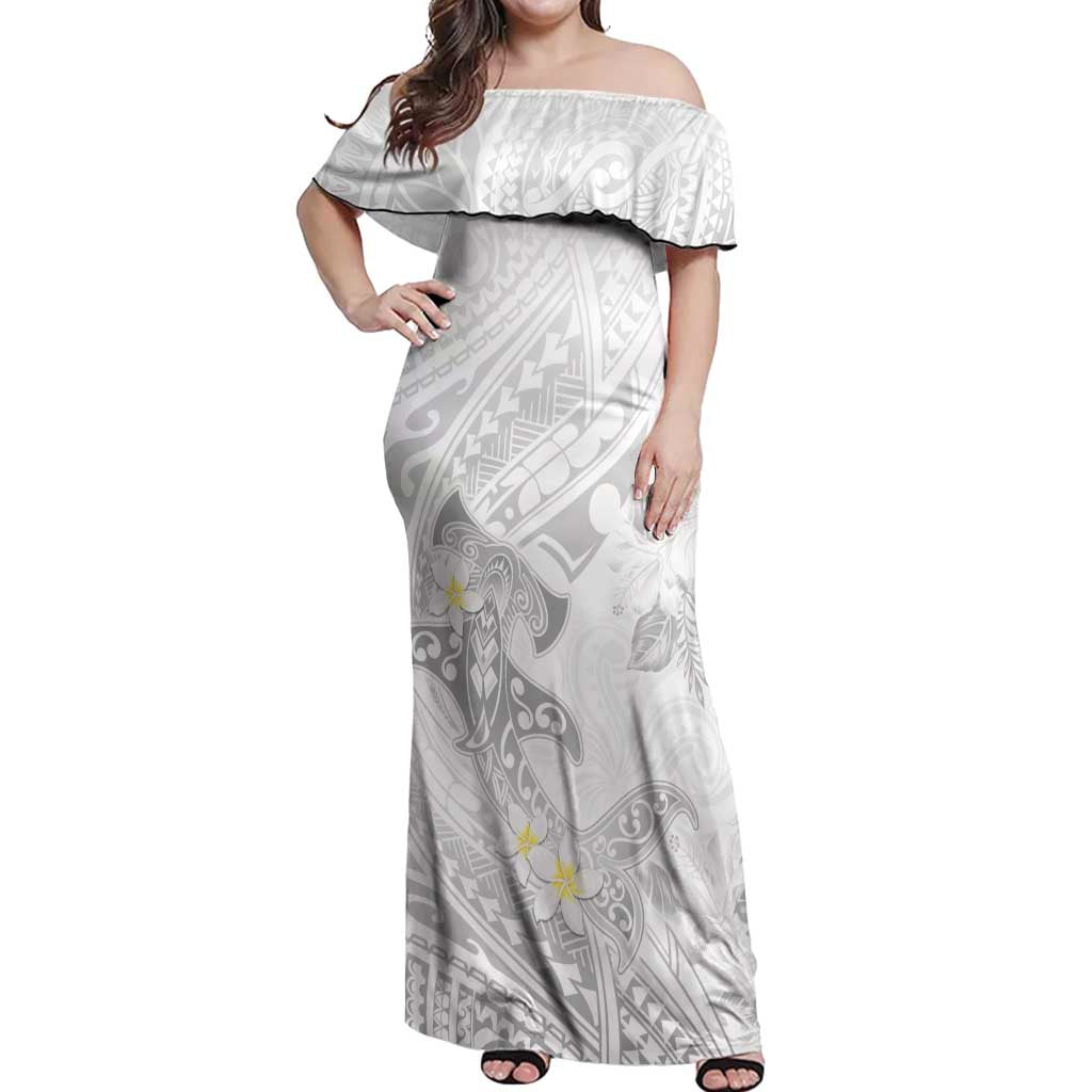 Polynesia Hammerhead Shark Off Shoulder Maxi Dress Tropical Flowers Tribal Pattern White