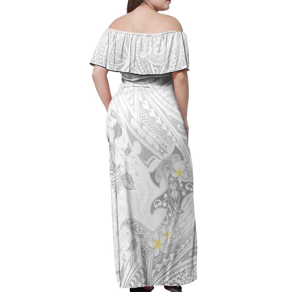 Polynesia Hammerhead Shark Off Shoulder Maxi Dress Tropical Flowers Tribal Pattern White