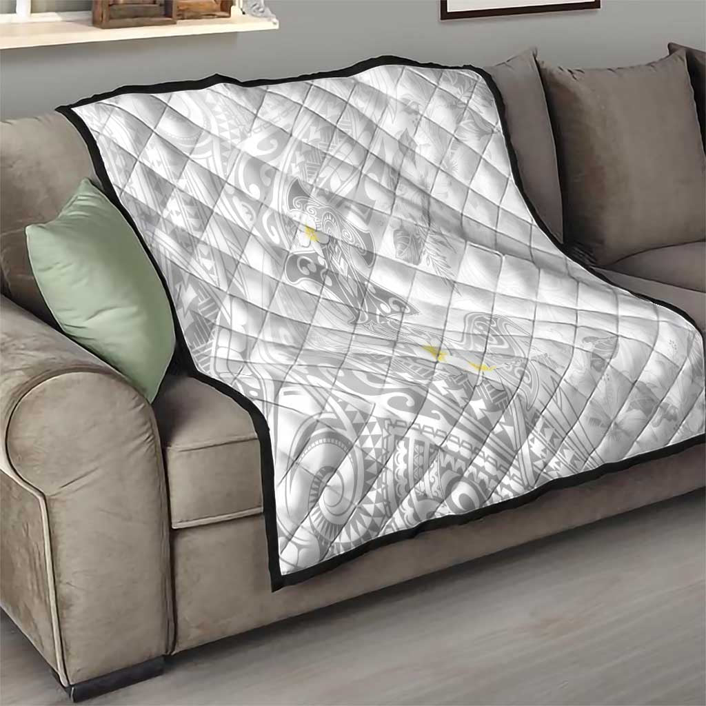 Polynesia Hammerhead Shark Quilt Tropical Flowers Tribal Pattern White