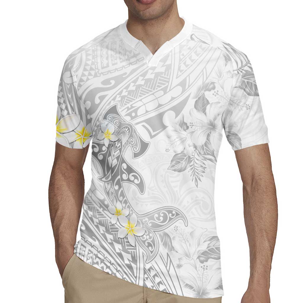 Polynesia Hammerhead Shark Rugby Jersey Tropical Flowers Tribal Pattern White