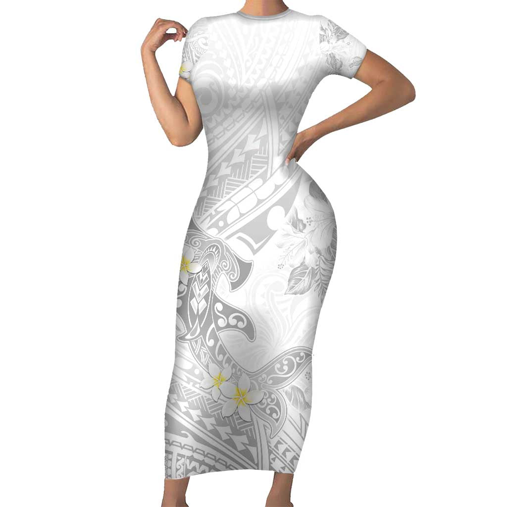 Polynesia Hammerhead Shark Short Sleeve Bodycon Dress Tropical Flowers Tribal Pattern White LT05 Long Dress White - Polynesian Pride