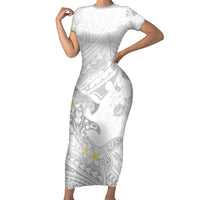 Polynesia Hammerhead Shark Short Sleeve Bodycon Dress Tropical Flowers Tribal Pattern White LT05 Long Dress White - Polynesian Pride