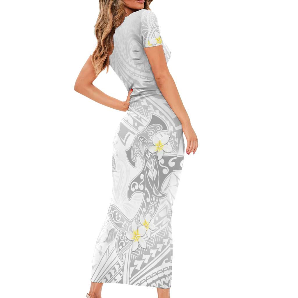 Polynesia Hammerhead Shark Short Sleeve Bodycon Dress Tropical Flowers Tribal Pattern White LT05 - Polynesian Pride