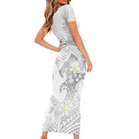 Polynesia Hammerhead Shark Short Sleeve Bodycon Dress Tropical Flowers Tribal Pattern White LT05 - Polynesian Pride