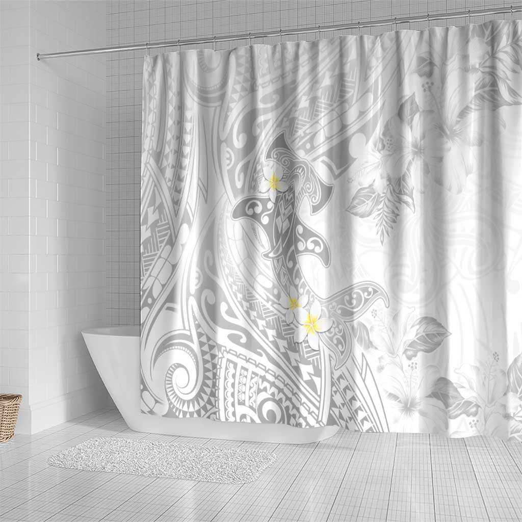 Polynesia Hammerhead Shark Shower Curtain Tropical Flowers Tribal Pattern White