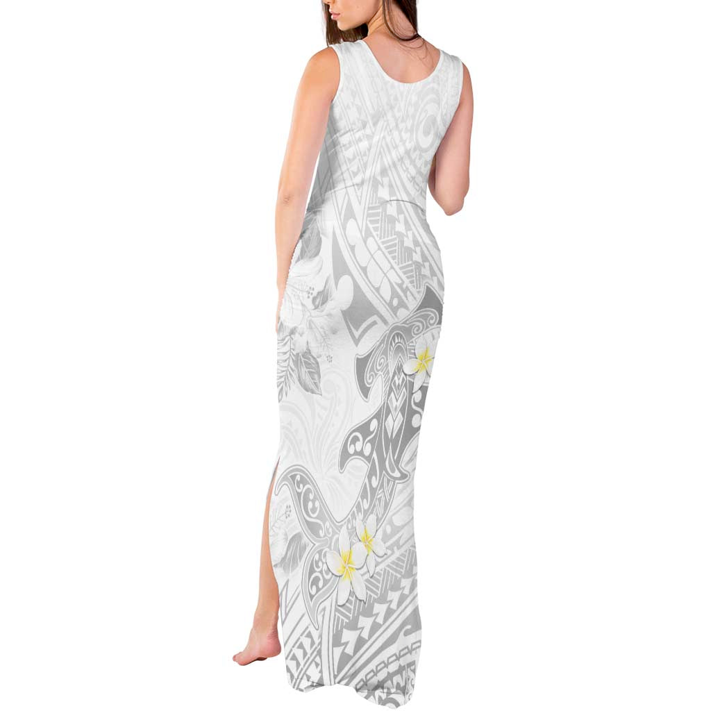 Polynesia Hammerhead Shark Tank Maxi Dress Tropical Flowers Tribal Pattern White