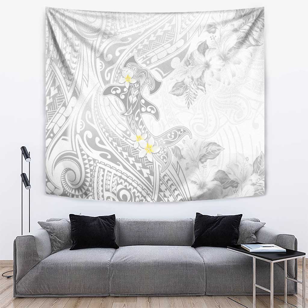 Polynesia Hammerhead Shark Tapestry Tropical Flowers Tribal Pattern White LT05 White - Polynesian Pride