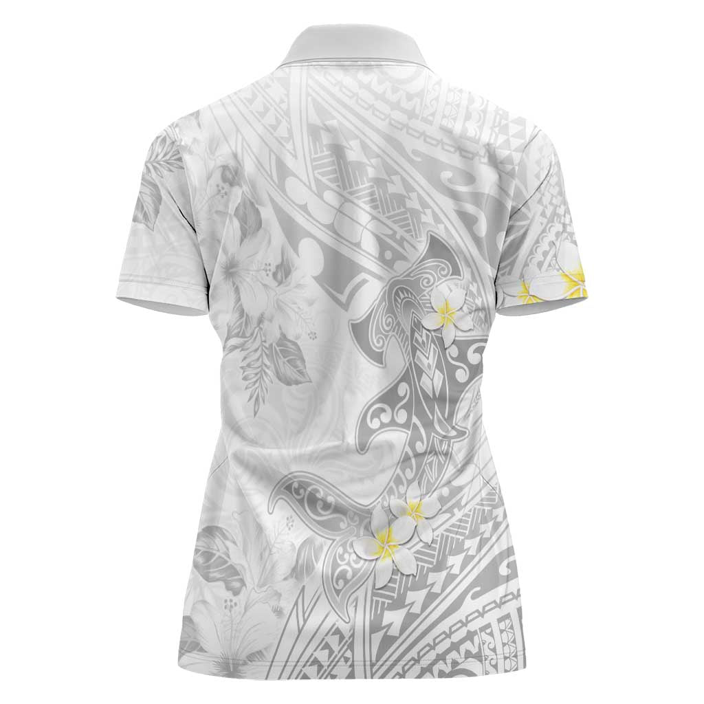 Polynesia Hammerhead Shark Women Polo Shirt Tropical Flowers Tribal Pattern White