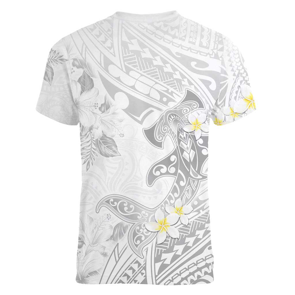 Polynesia Hammerhead Shark Women V-Neck T-Shirt Tropical Flowers Tribal Pattern White LT05 - Polynesian Pride