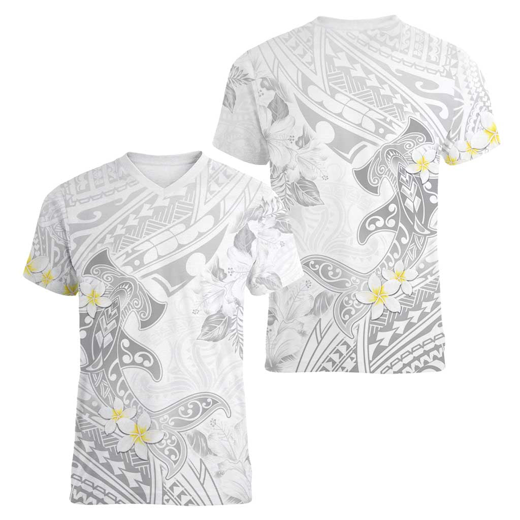 Polynesia Hammerhead Shark Women V-Neck T-Shirt Tropical Flowers Tribal Pattern White LT05 - Polynesian Pride