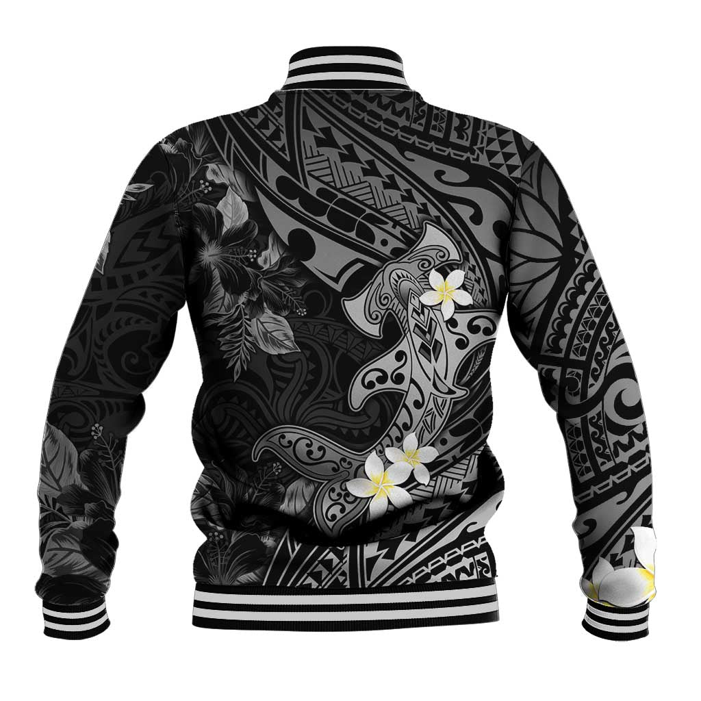 Polynesia Hammerhead Shark Baseball Jacket Tropical Flowers Tribal Pattern Black