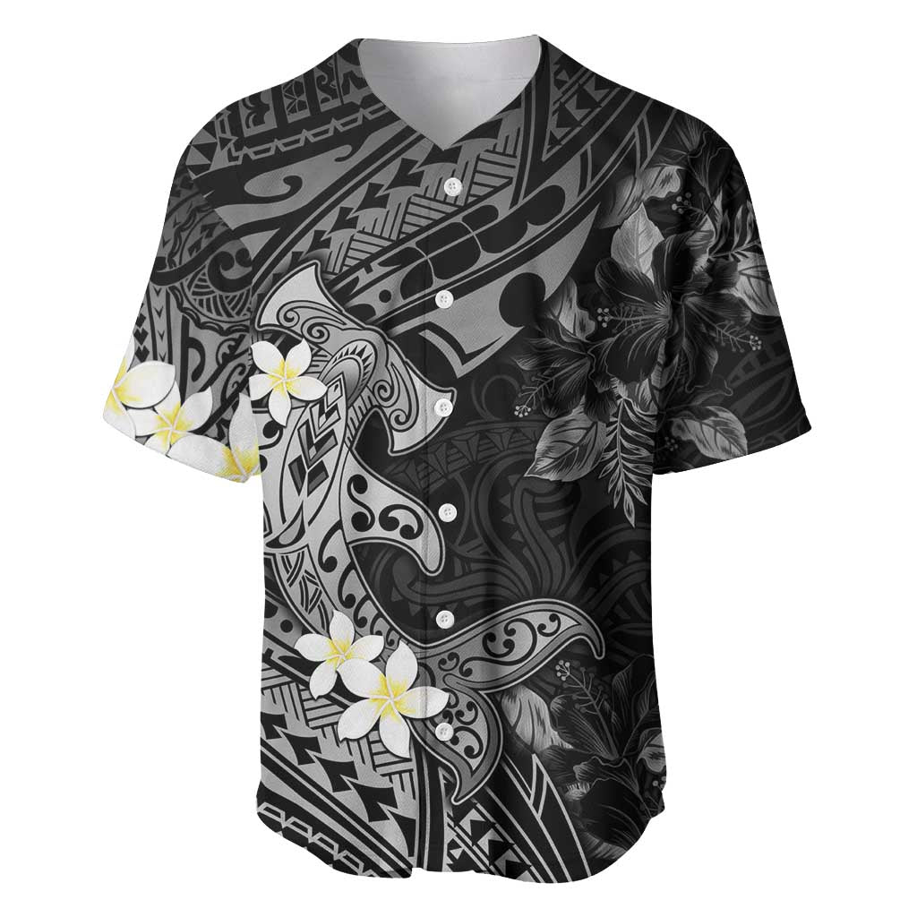 Polynesia Hammerhead Shark Baseball Jersey Tropical Flowers Tribal Pattern Black LT05 Black - Polynesian Pride